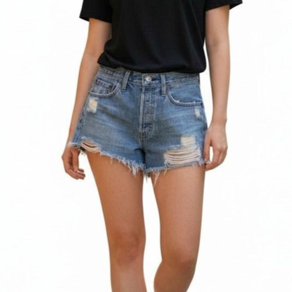 Levis 501 Button Fly Cut Off Shorts Women Size 27 Hi Rise Ripped Denim Blue